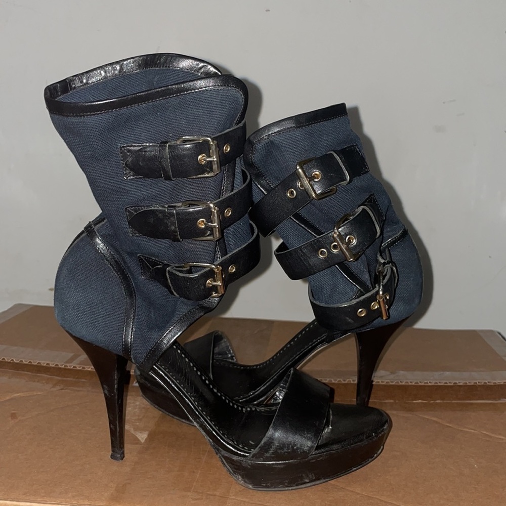 Moschino Gold-Silver Buckle Black Heels 7.5